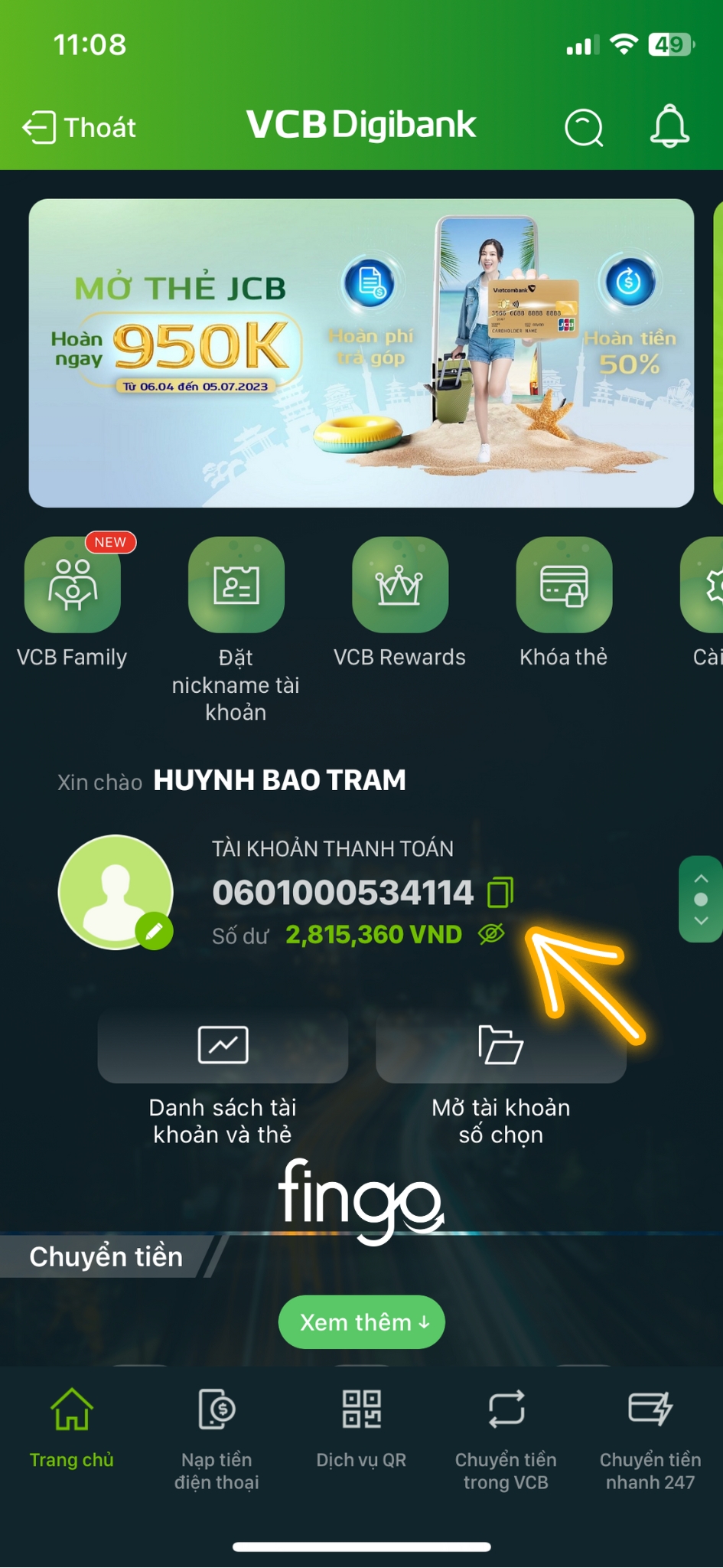 Số dư tối thiểu Vietcombank bước 2