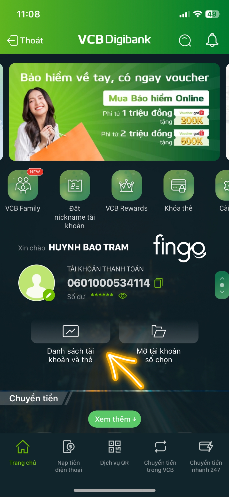 Số dư tối thiểu Vietcombank bước 3