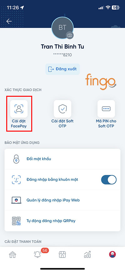 Chọn mục Cài đặt FacePay