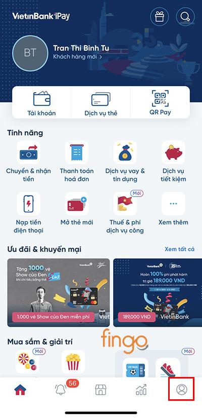 Đăng nhập vào ứng dụng Vietinbank và vào mục Cá nhân