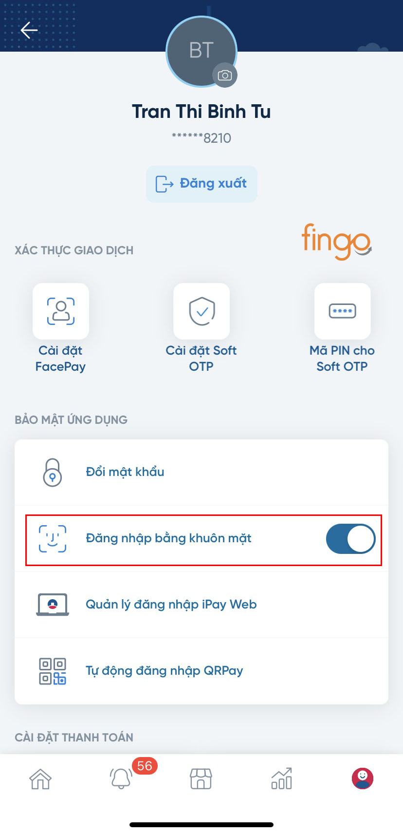 Gạt thanh trạng thái để tắt đăng nhập bằng FaceID
