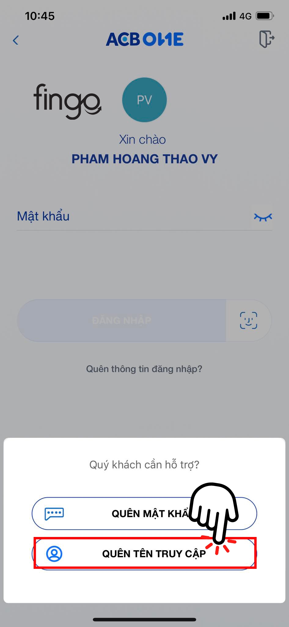 Chọn vào "Quên tên đăng nhập"