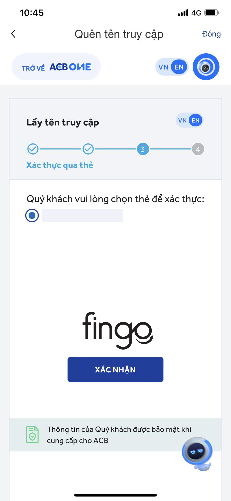Chọn thẻ và nhập mã PIN