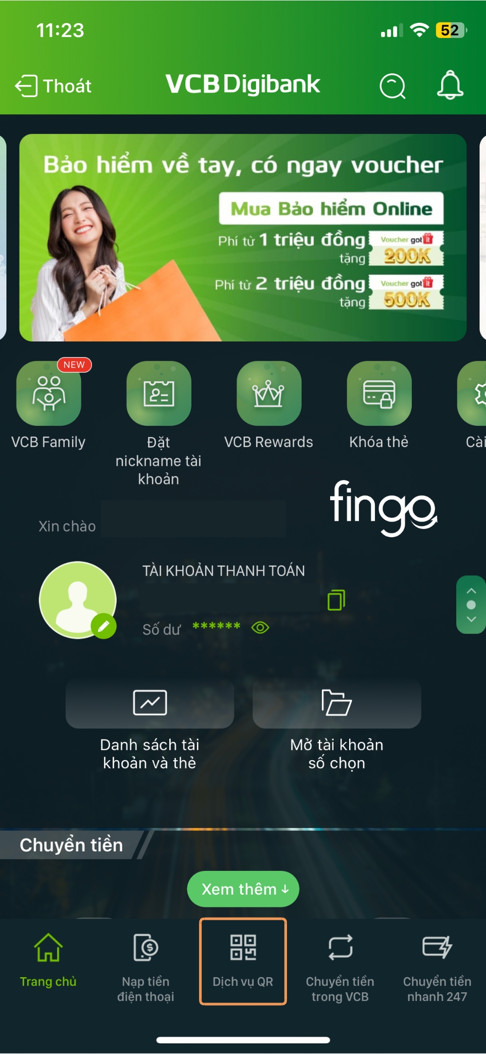 Thanh toán bằng mã QR Vietcombank bước 1