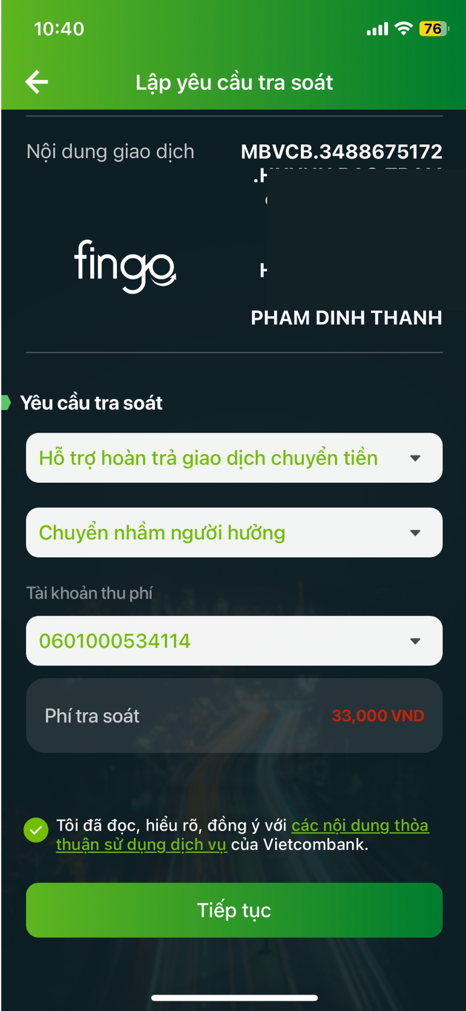 Thu hồi lệnh chuyển tiền Vietcombank bước 5