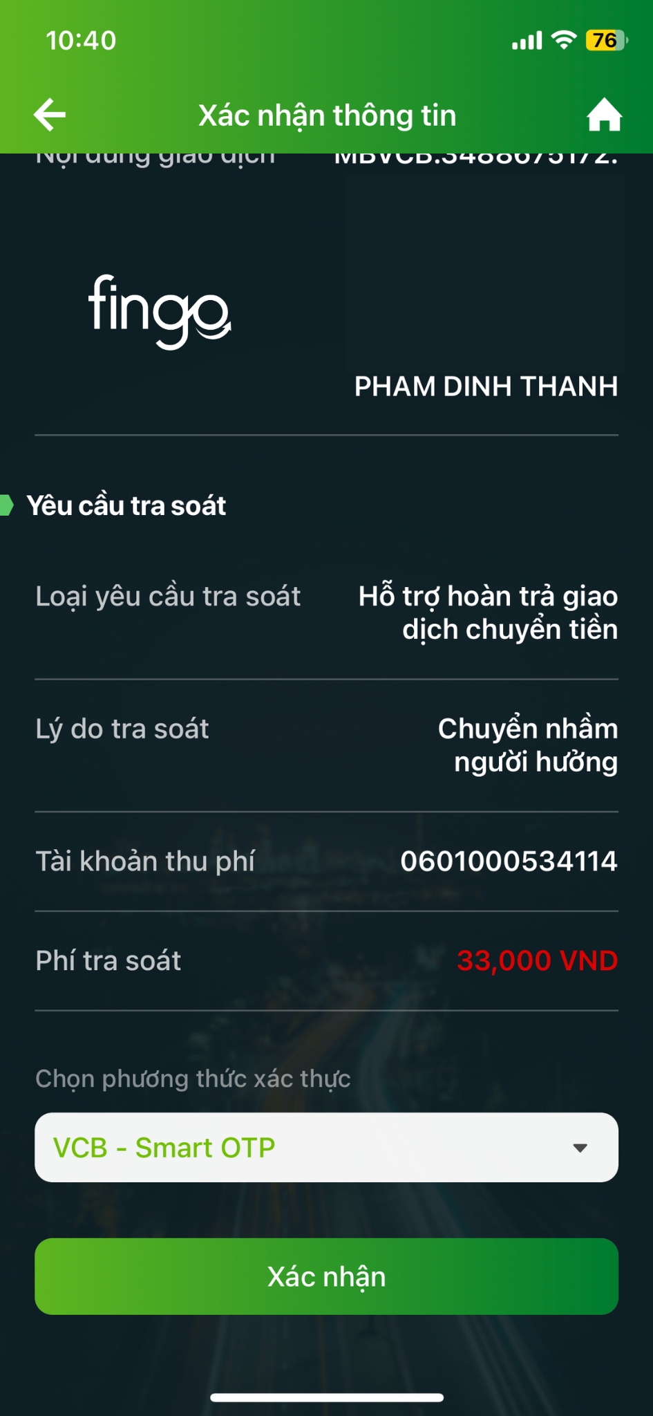 Thu hồi lệnh chuyển tiền Vietcombank bước 5