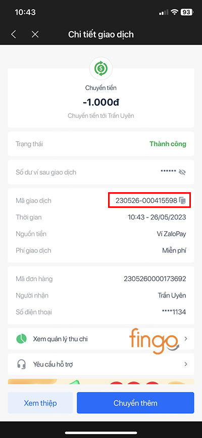 Chi tiết các thông tin về giao dịch trong đó có mã giao dịch ZaloPay