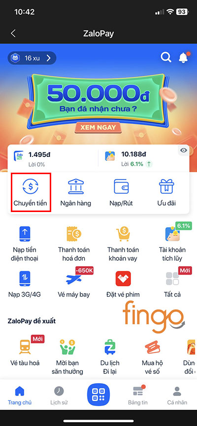 Vào tính năng chuyển tiền trên Ví ZaloPay