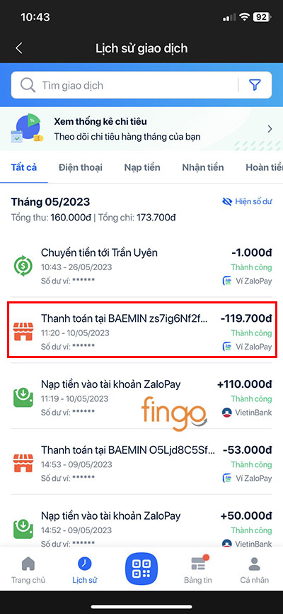 Chọn giao dịch bạn muốn kiểm tra mã giao dịch ZaloPay