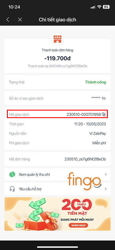 Mã giao dịch ZaloPay sẽ được thể hiện như ảnh trên