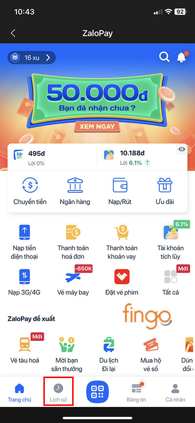 Vào mục Lịch sử để tra cứu mã giao dịch ZaloPay