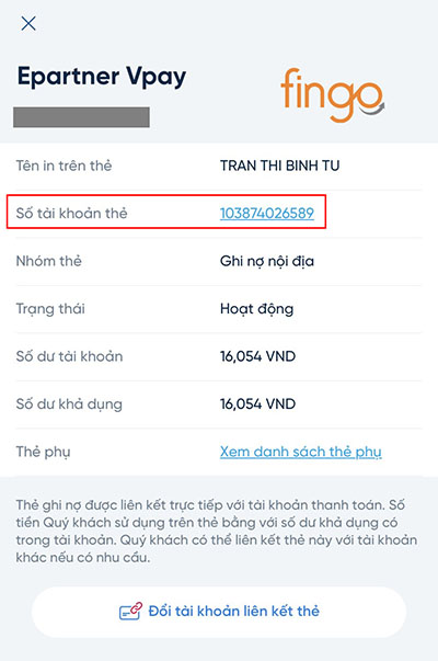 Số tài khoản được hiển thị cùng các thông tin khác