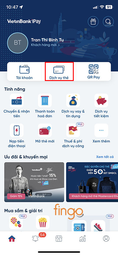 Chọn danh mục Dịch vụ thẻ