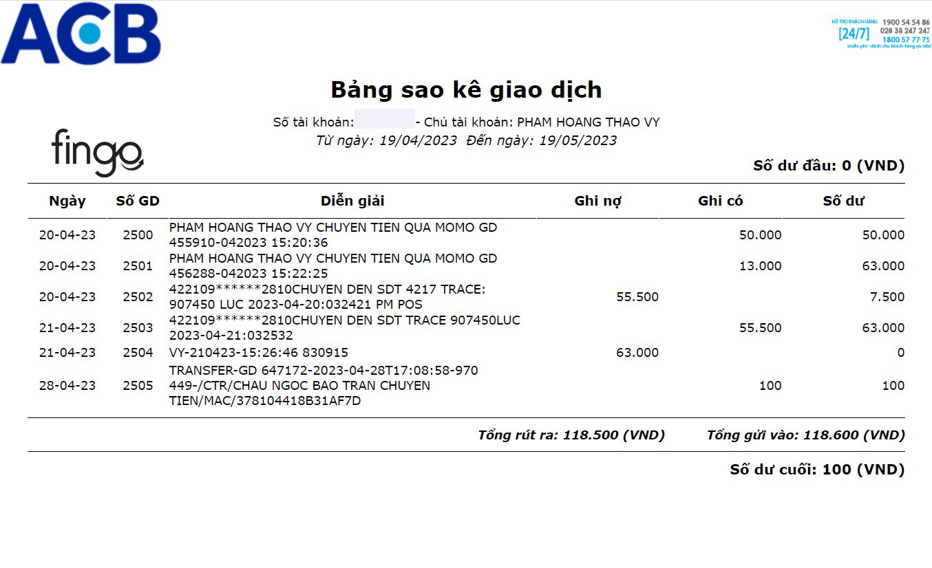 Sao kê hoặc xuất Excel giao dịch