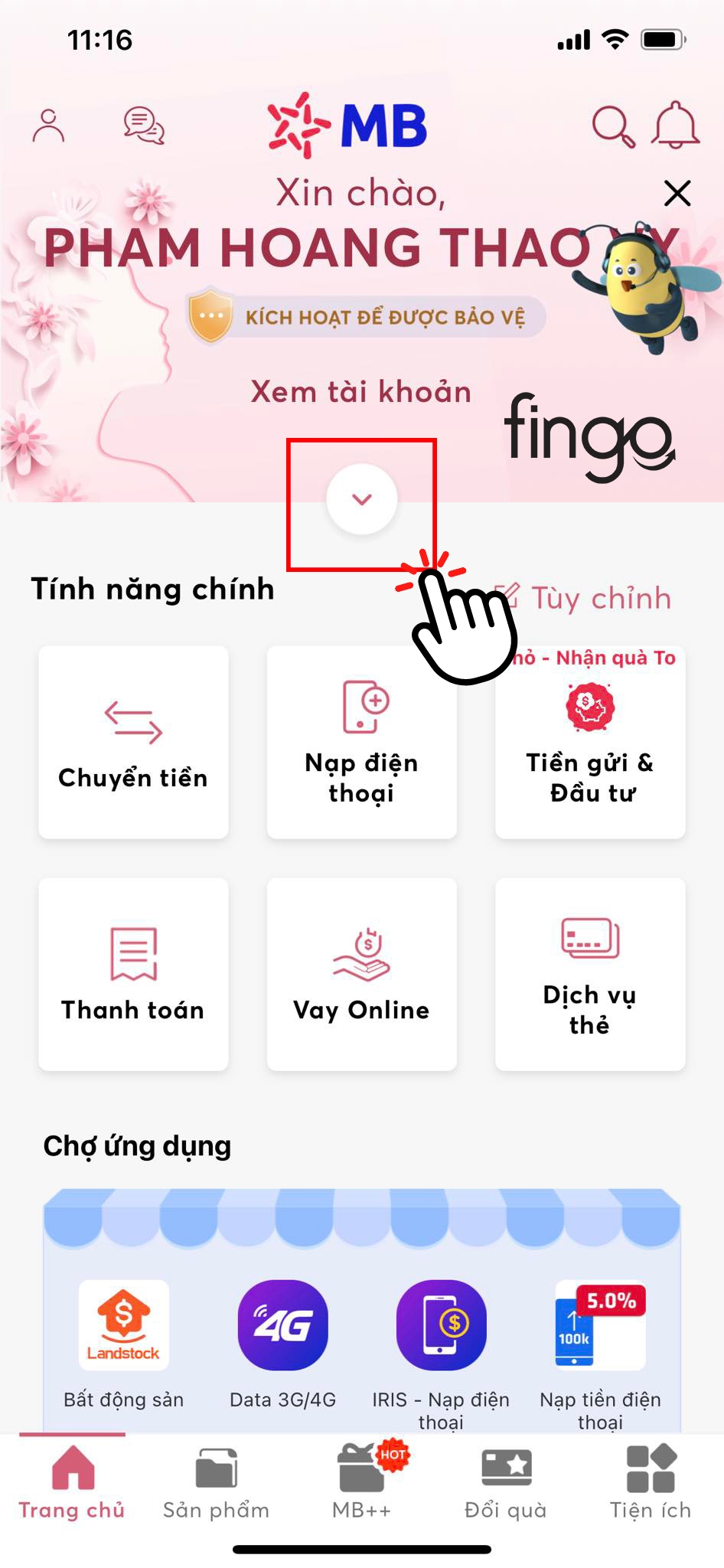 Chọn vào mũi tên xuống