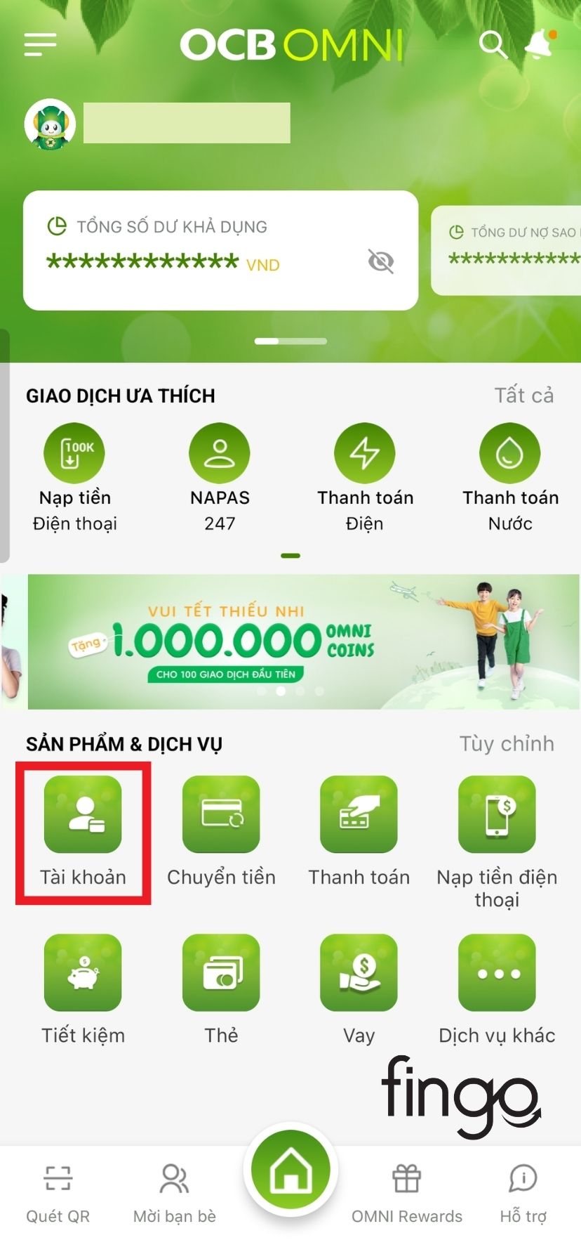 Bước 1: Vào trang chủ của ứng dụng OCB OMNI và chọn "Tài khoản".