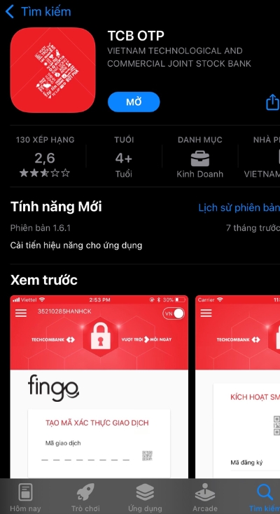 Tải ứng dụng TCB OTP về điện thoại