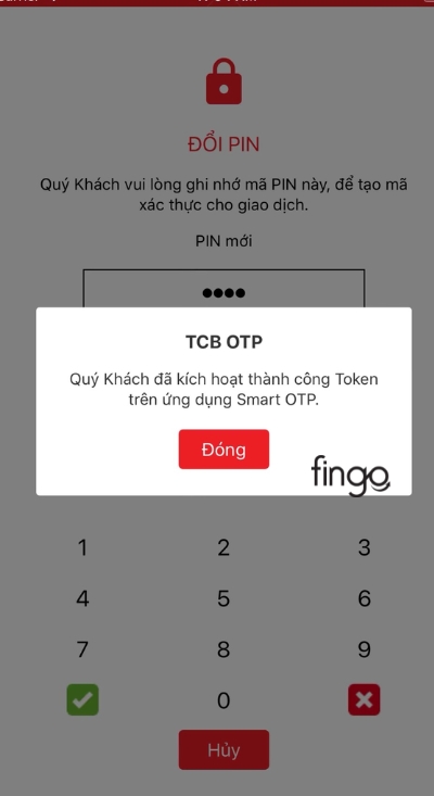 Thông báo kích hoạt Techcombank thành công