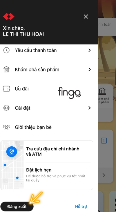Chọn đăng xuất để tiến hành đăng xuất tài khoản Techcombank