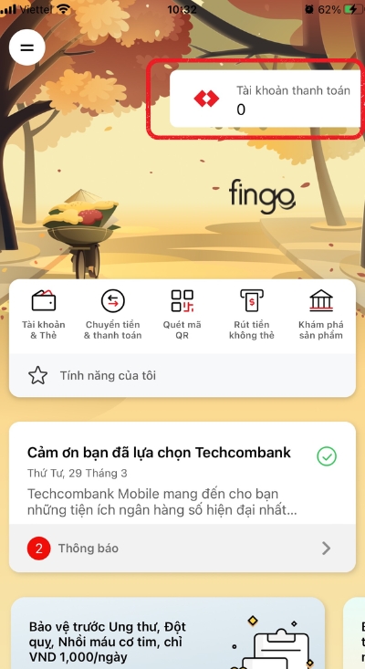 Chọn mục tài khoản thanh toán trên màn hình chính