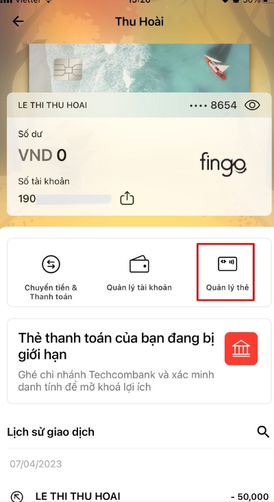 Chọn mục quản lý thẻ