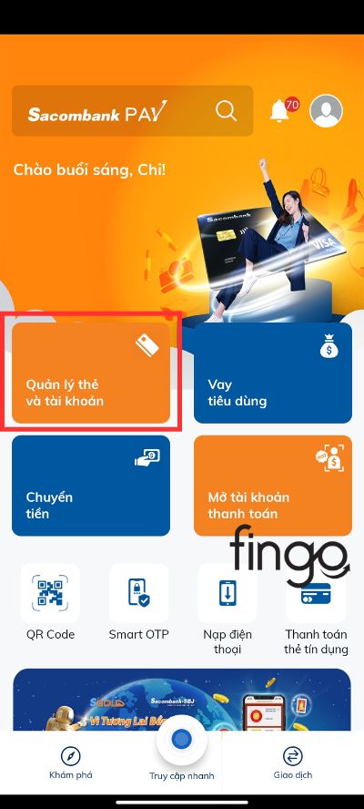 Bước 1: Chọn "Quản lý thẻ và tài khoản"