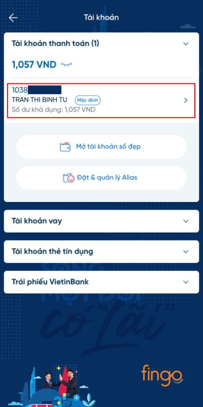Bấm vào tài khoản bạn cần kiểm tra lịch sử giao dịch