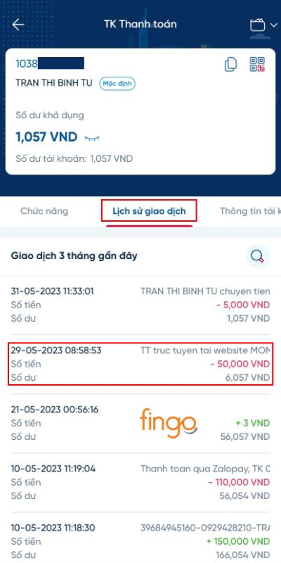 Vào mục Lịch sử giao dịch và bấm chọn giao dịch bạn muốn kiểm tra