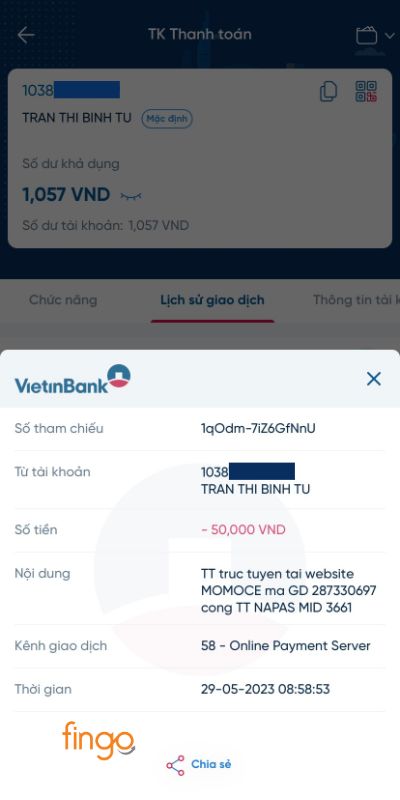 Các thông tin chi tiết về giao dịch được hiển thị như sau