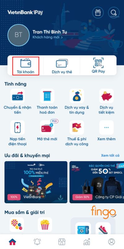 Đăng nhập vào tài khoản Vietinbank iPay, chọn mục Tài khoản