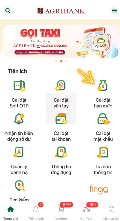 Chọn mục cài đặt hạn mức như trên màn hình
