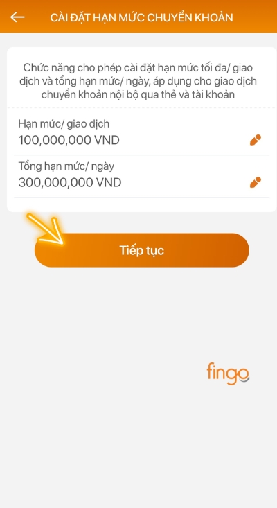 Cài đặt hạn mức rồi chọn tiếp tục