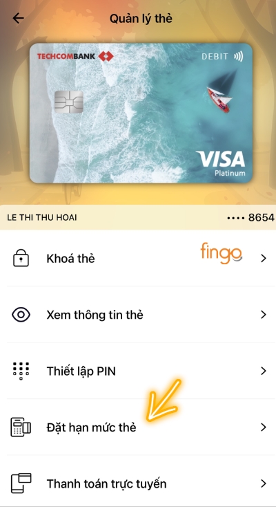 Chọn tiếp vào đặt hạn mức thẻ