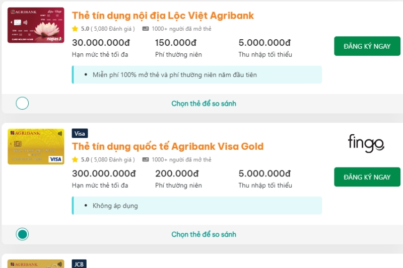 Nhấn chọn vào đường dẫn thẻ tín dụng Agribank Fingo