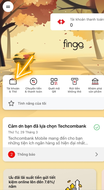 Chọn mục Tài khoản và thẻ trên màn hình