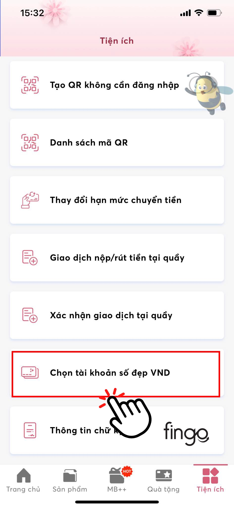 Nhấn vào mục "Chọn tài khoản số đẹp VND"