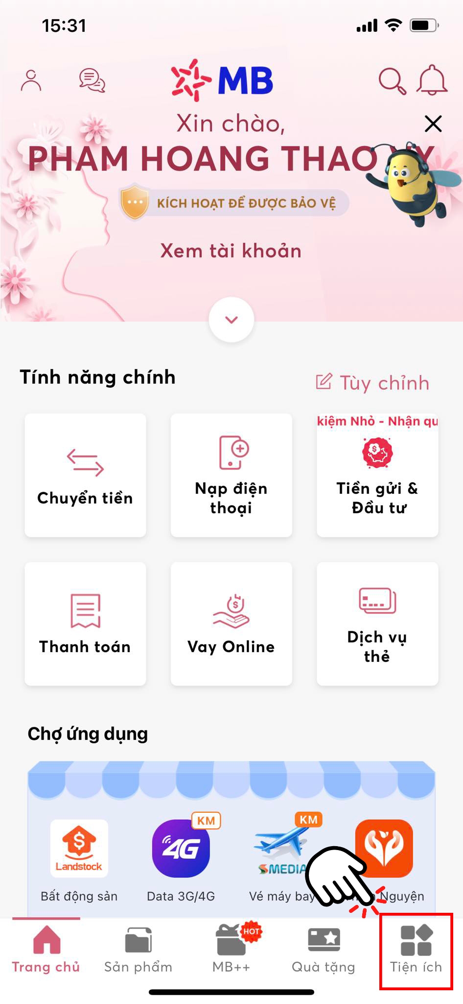 Chọn mục "Tiện ích"