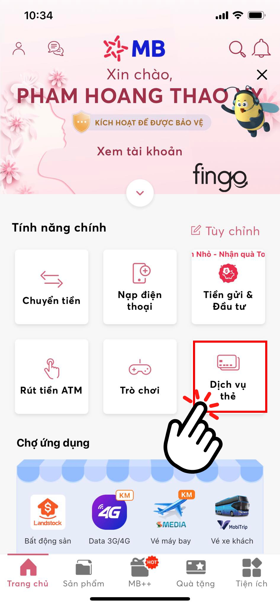 Chọn vào "Dịch vụ thẻ"