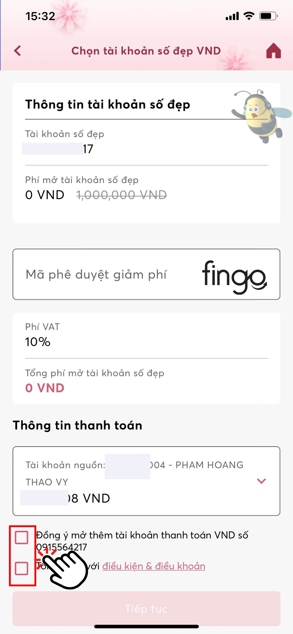 Chọn vào ô đồng ý các điều khoản