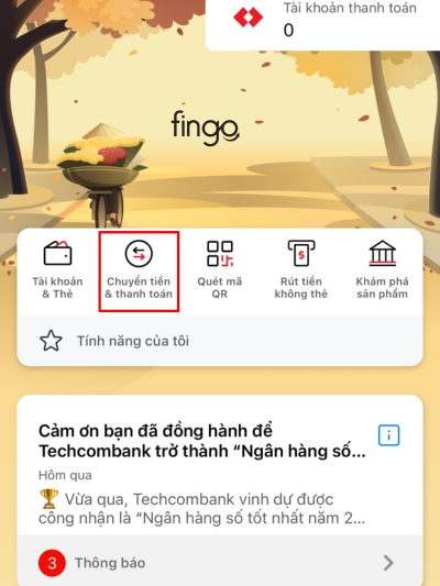 Chọn mục Chuyển tiền và thanh toán hiển thị trên màn hình chính
