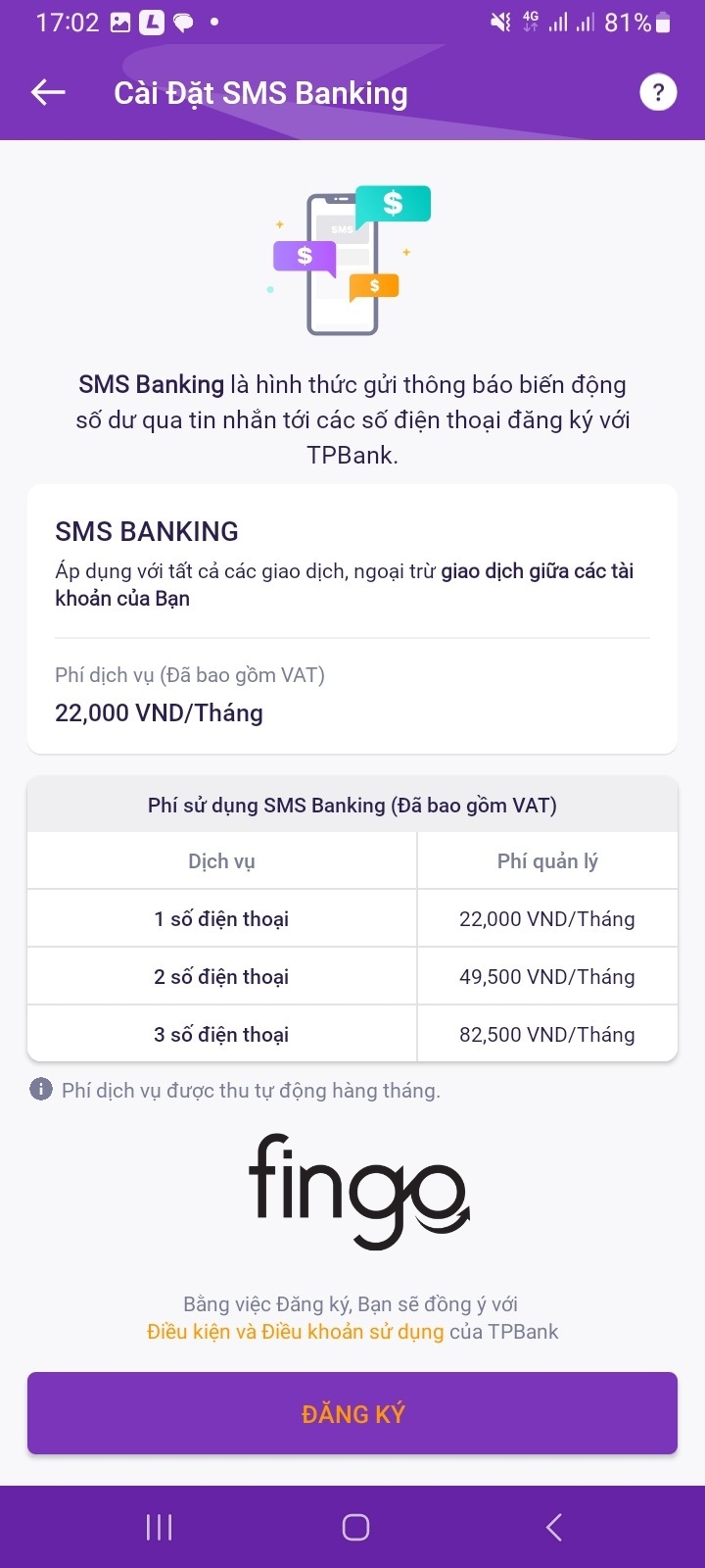 Đăng ký SMS Banking TPBank bước 3