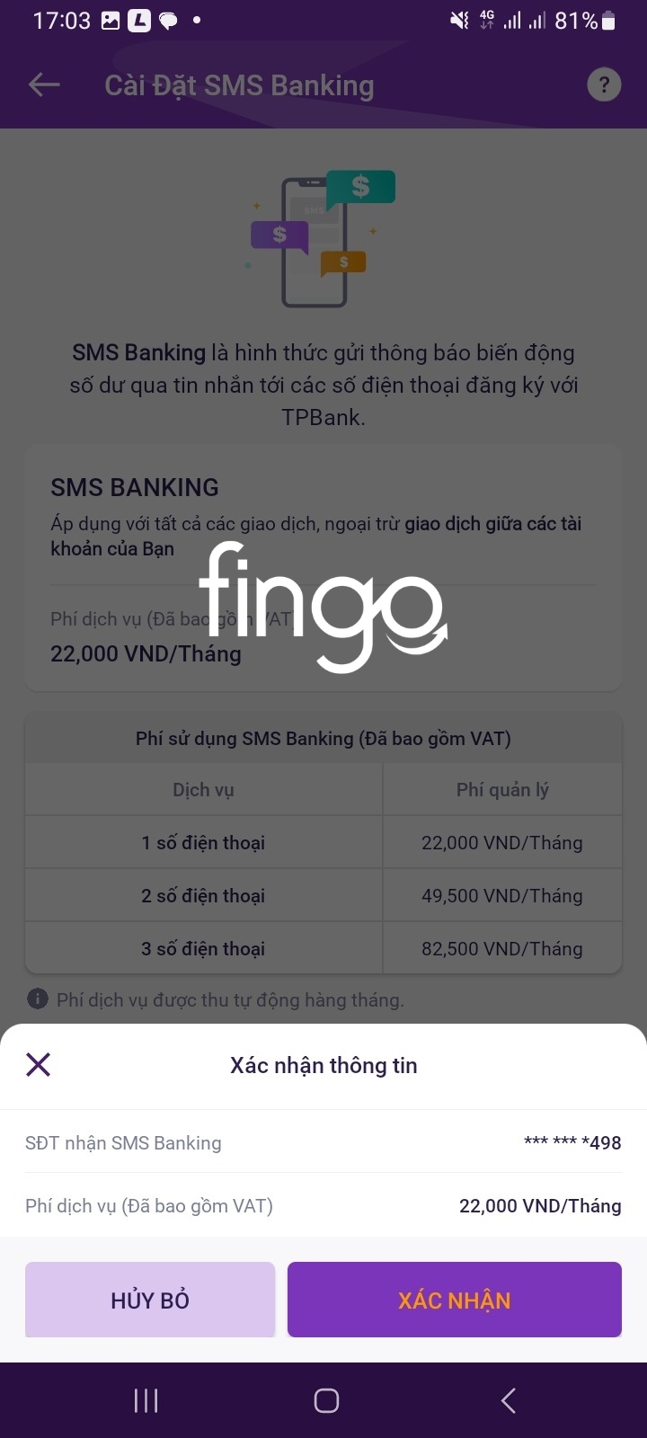 Đăng ký SMS Banking TPBank bước 4