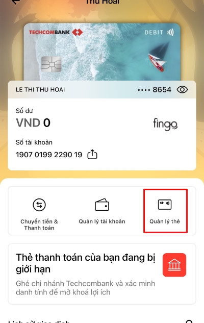 Chọn mục Quản lý thẻ hiện trên màn hình chính của ứng dụng
