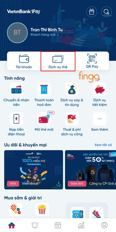 Vào mục Dịch vụ thẻ