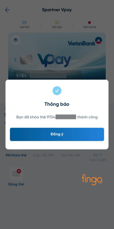Thông báo khóa thẻ Vietinbank thành công