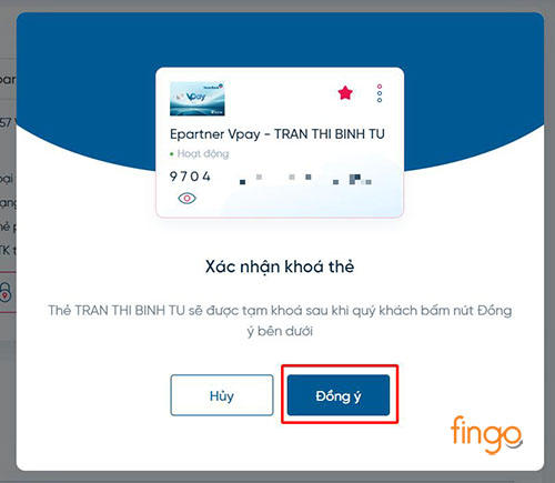 Nhấn nút Đồng ý để xác nhận khóa thẻ
