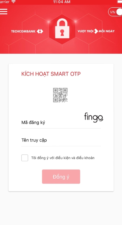 Nhập mã đăng ký và tên đăng nhập để kích hoạt Smart OTP