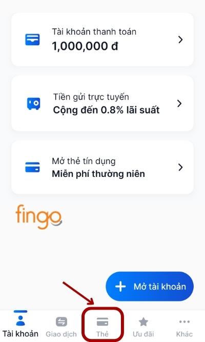 Đăng nhập ứng dụng MyVIB 2.0 và chọn mục Thẻ ở thanh điều hướng.