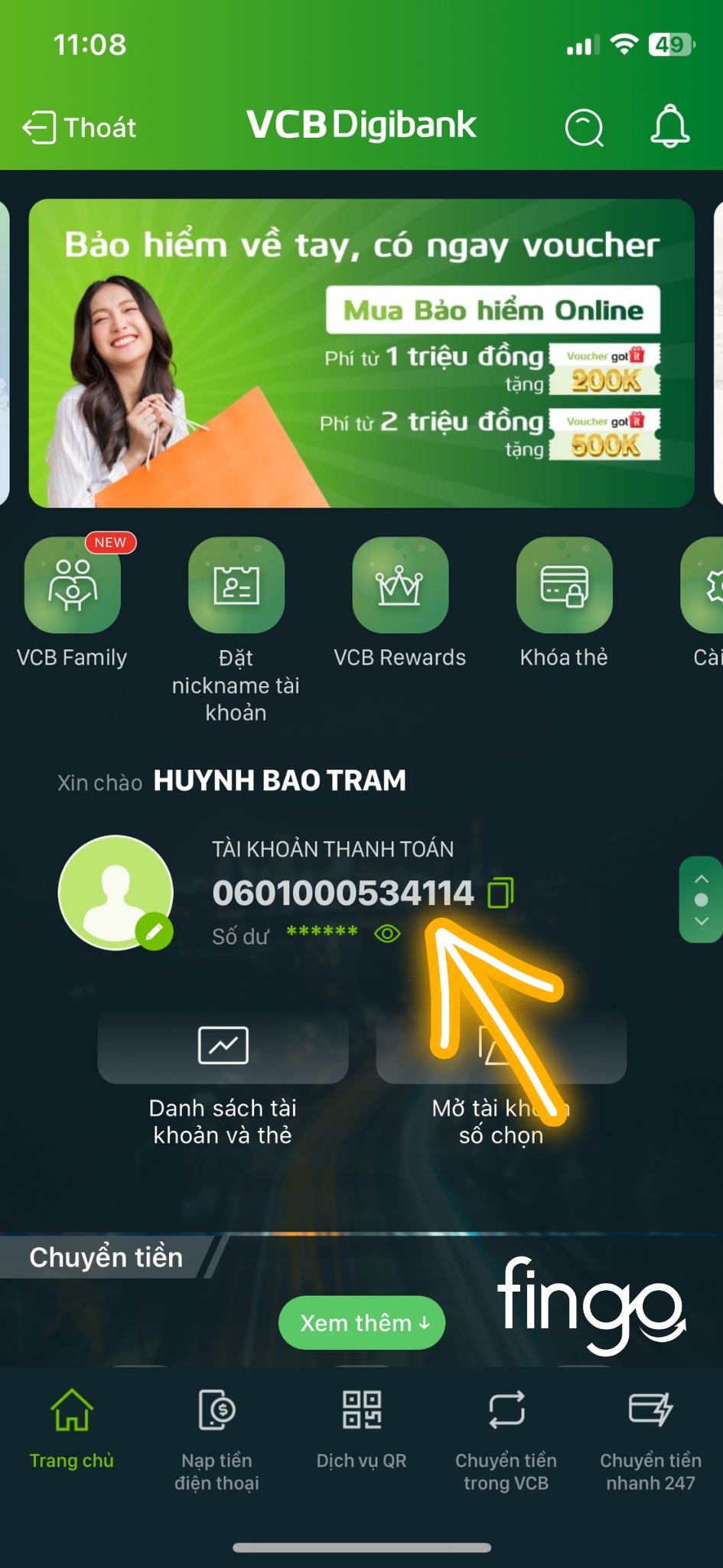 Kiểm tra số tài khoản Vietcombank qua VCB Digibank