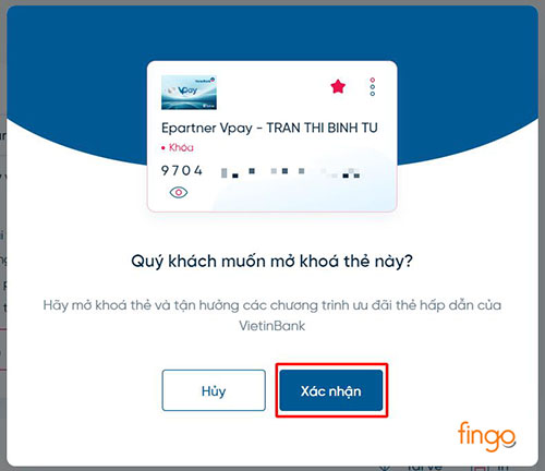 Xác nhận mở khóa thẻ Vietinbank